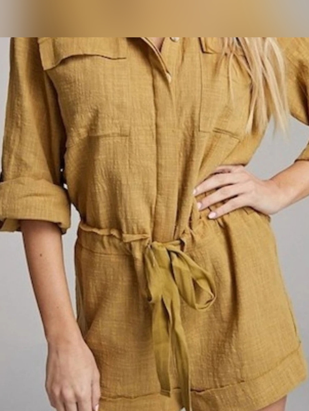 Blue Blush Mustard Lightweight Button-Up Romper